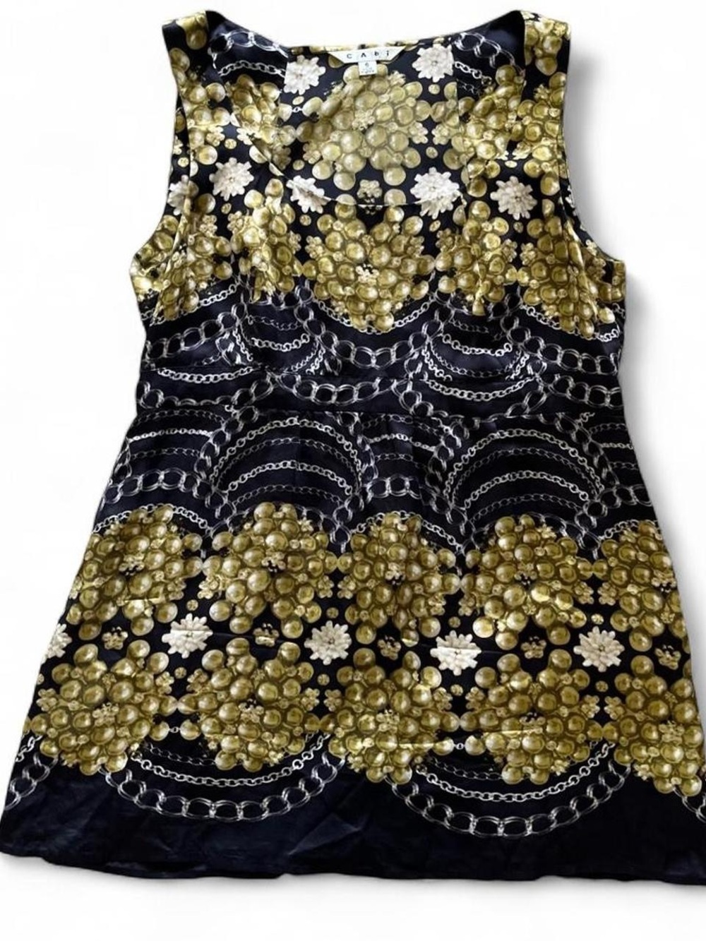Cabi 100% Silk Black and Golden Green Beaded & Chain-Print Top